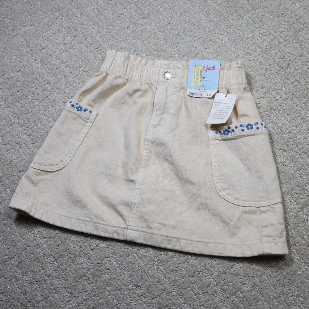 Cat & Jack Girls Cream Denim Paperbag Waist Skirt Floral Embroidery Size M 8